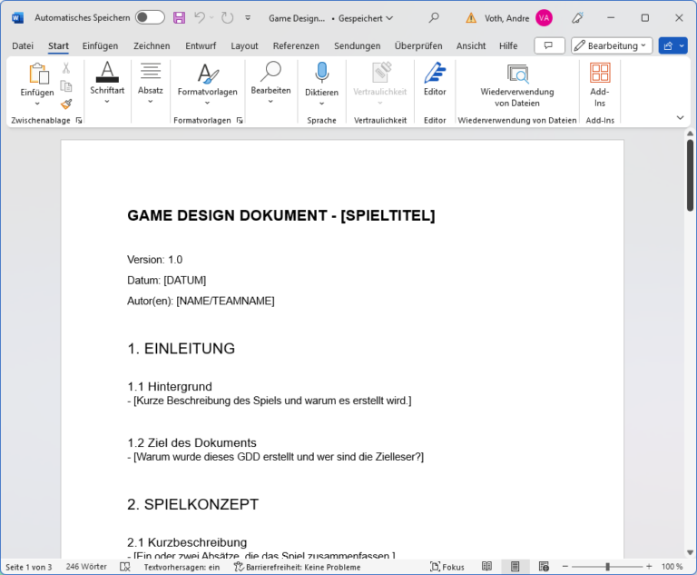 Meine Vorlage für ein Game Design Dokument
